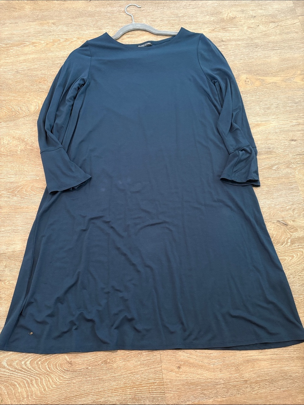 Eileen Fisher Navy Boatneck Midi Dress with Three-Quarter Sleeves